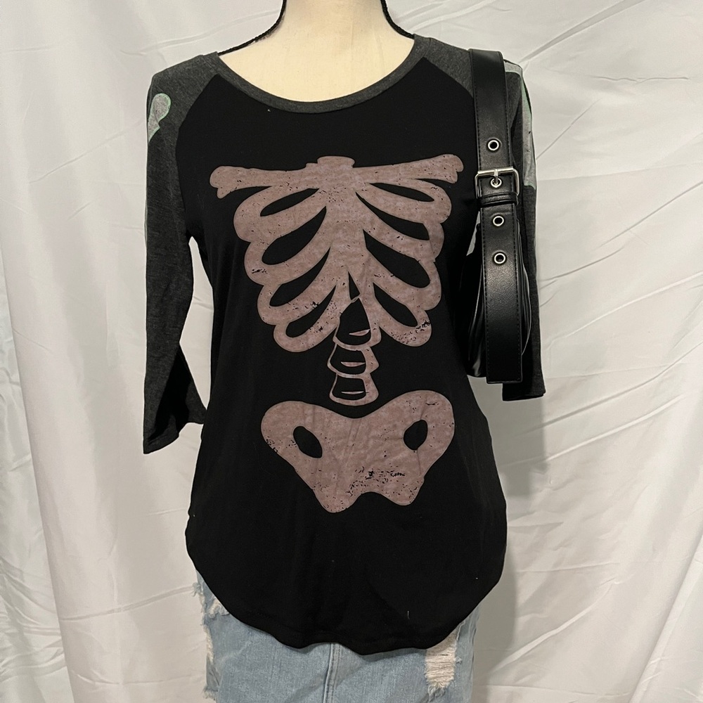 Zoe + Liv Black and Gray Skeleton Long Sleeve Tee